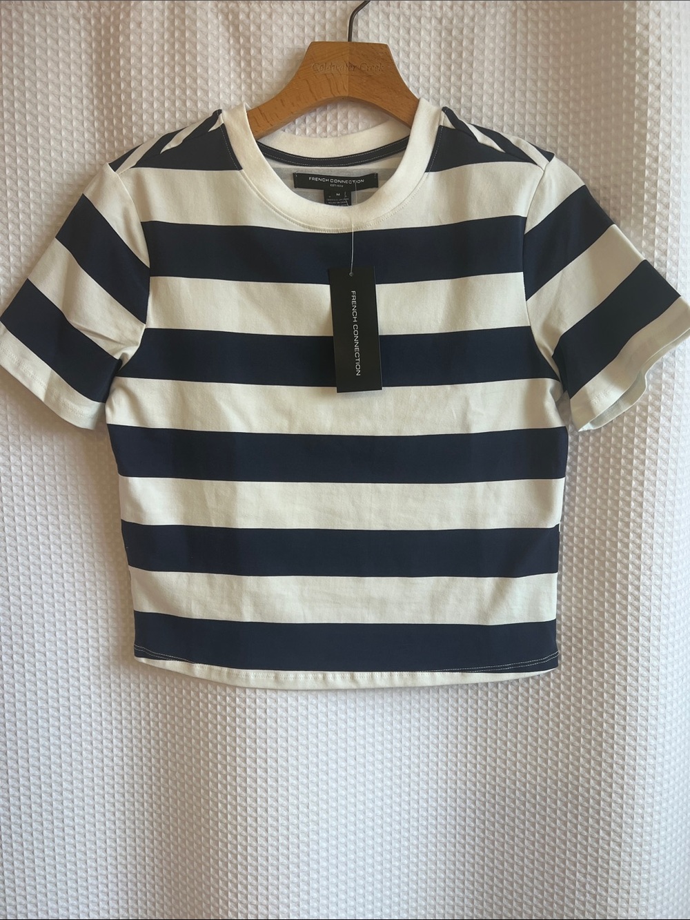 French Connection Navy & White Cropped Stripe Tee